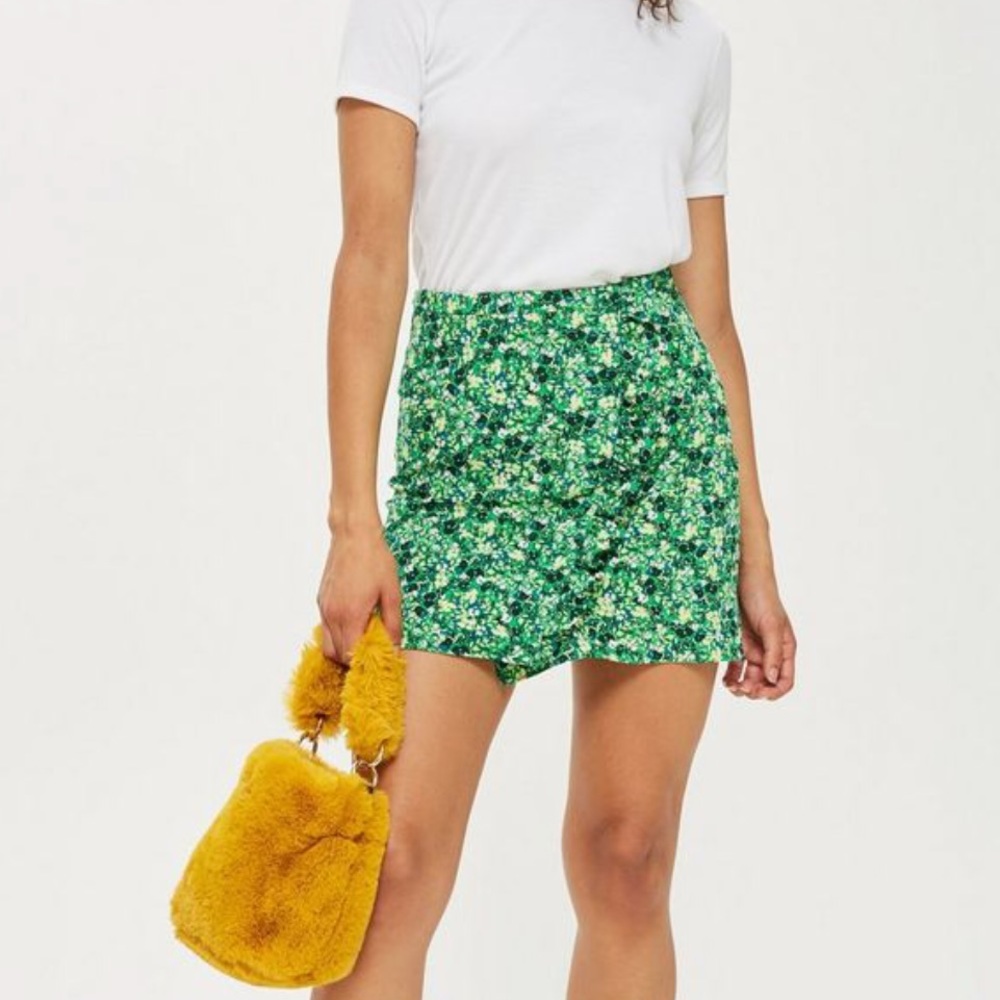 Topshop green floral ruffle mini skirt
